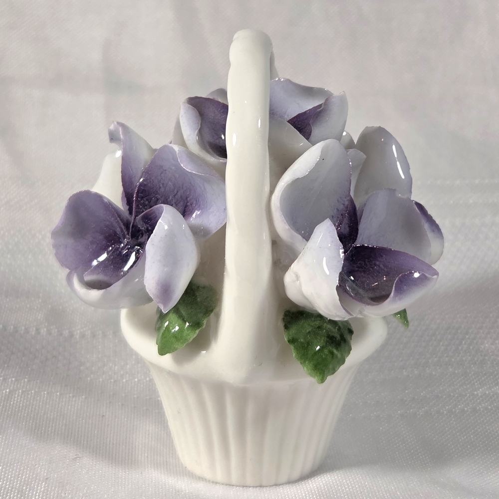 Vintage Japan Basket of Flowers Purple Miniature 3" Figurine Bouquet